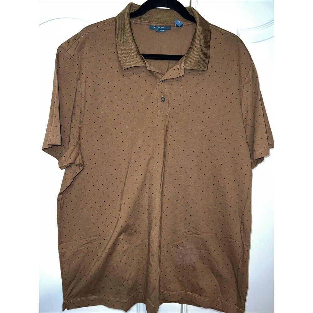 Perry Ellis Mens Shirt Brown XXL Polo Short Sleeve Luxury Pima Cotton Polka Dots
